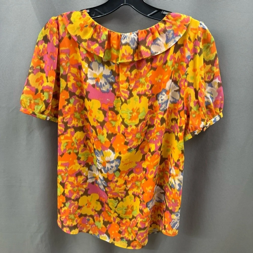 J. Crew Vibrant Floral Ruffle Blouse - Pink, Orange, Yellow